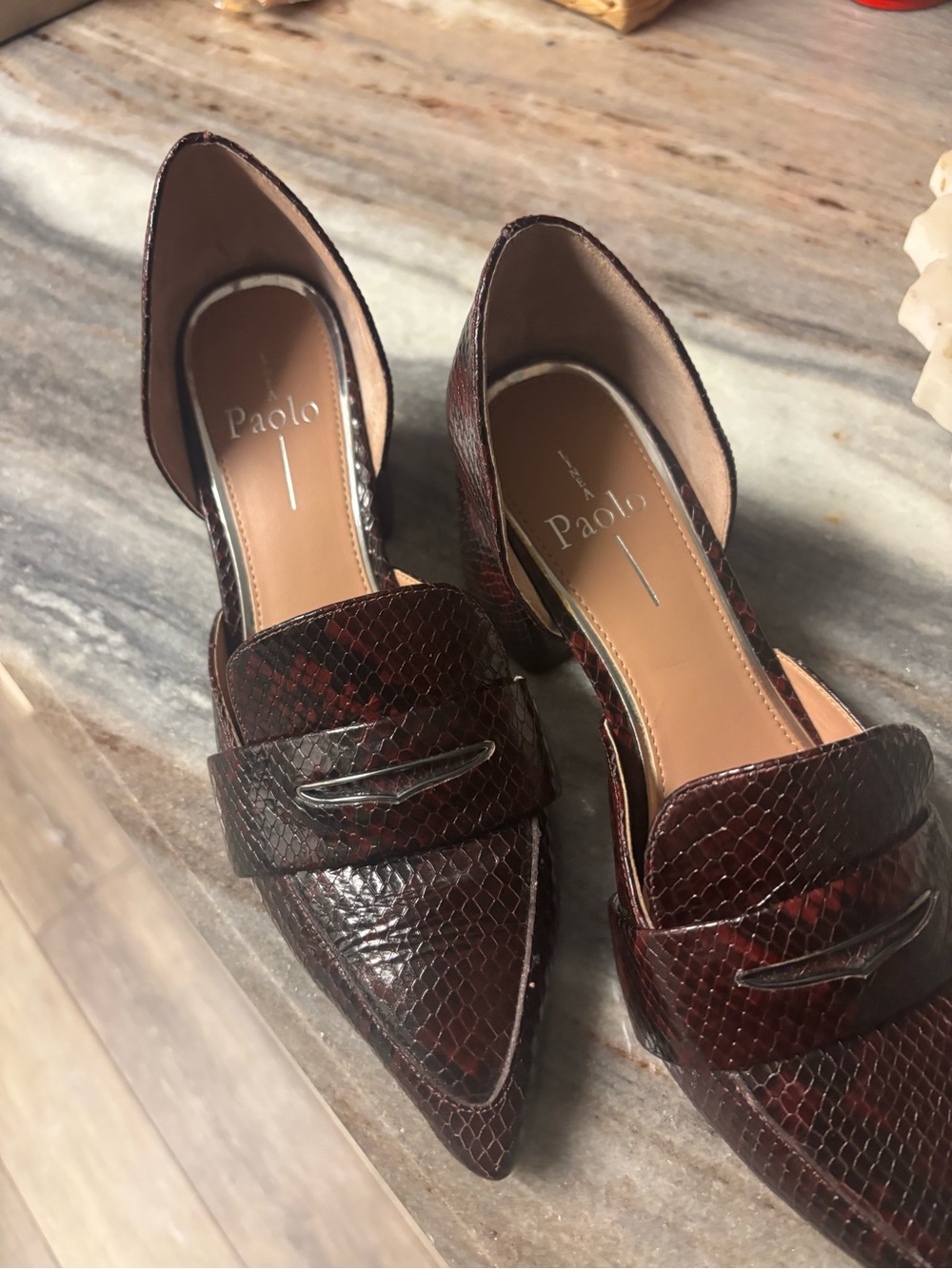 Paolo Burgundy Snake-Embossed Pointed Loafer Flats